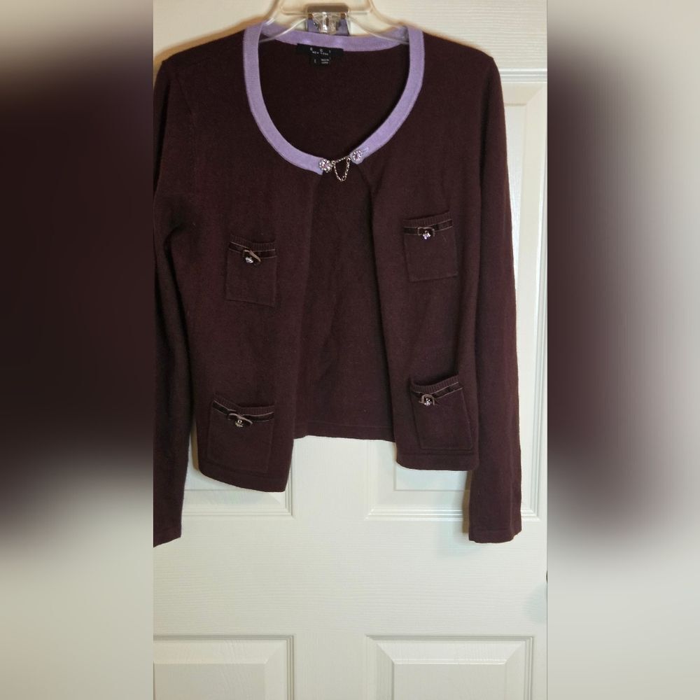 ECI New York L Brown Purple  SILK ANGORABlend Pockets Rheinstones Women Cardigan